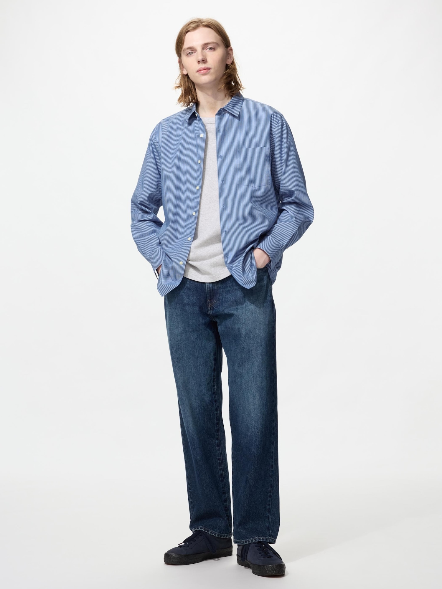Рубашка Uniqlo Broadcloth Striped Regular Collar Unisex, 66 светло-синий — фото 4