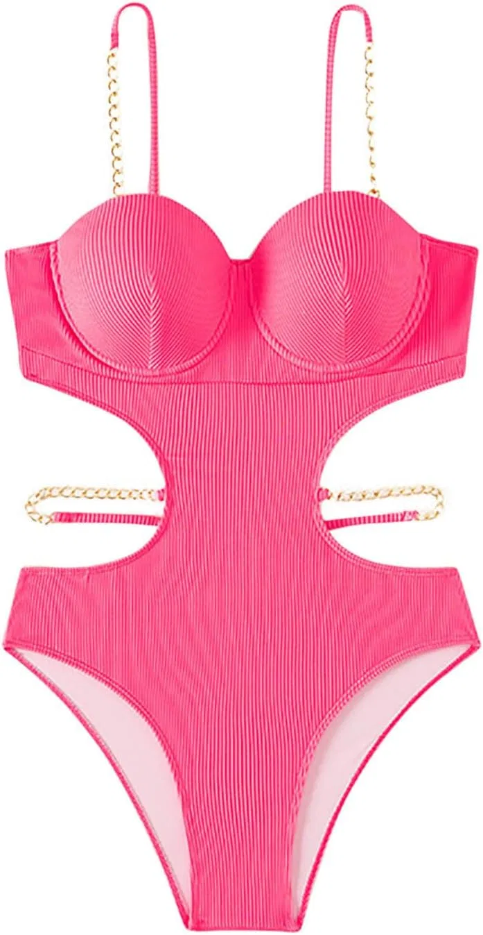 Женский цельный купальник с вырезами Monokini Ribbed, Hot Pink