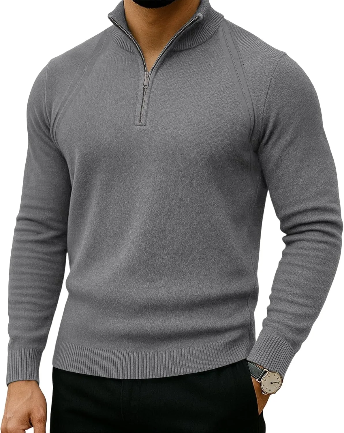 

Мужской вязаный свитер с четвертью молнией, длинным рукавом и рифленой вязкой Saiji Friends