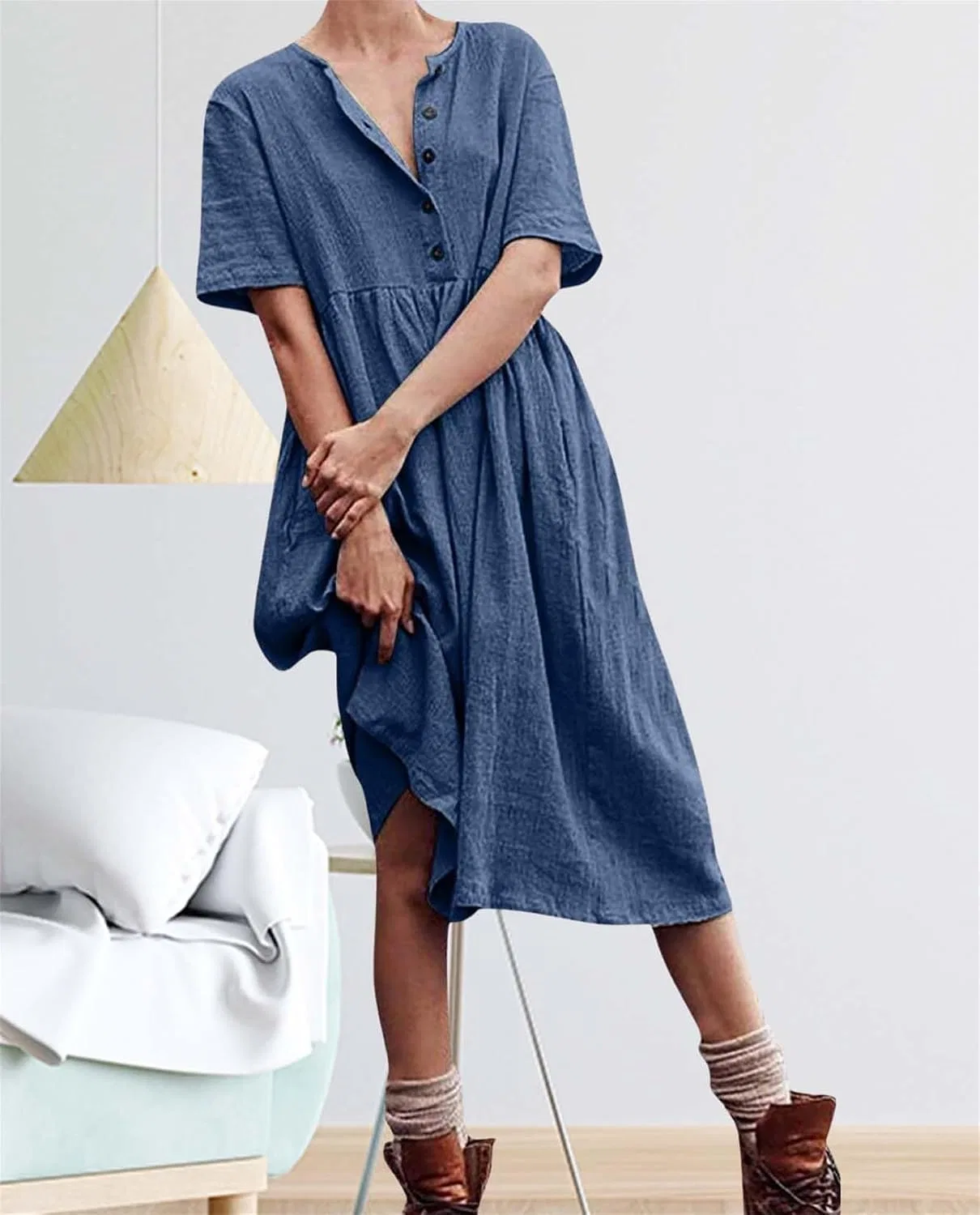 Женское повседневное платье на пуговицах с коротким рукавом, Dark Blue — фото 3