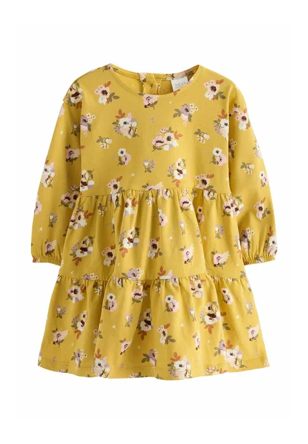 Платье флоральное Regular fit Long sleeve tiered dress Next, Ochre Yellow Floral, желтый