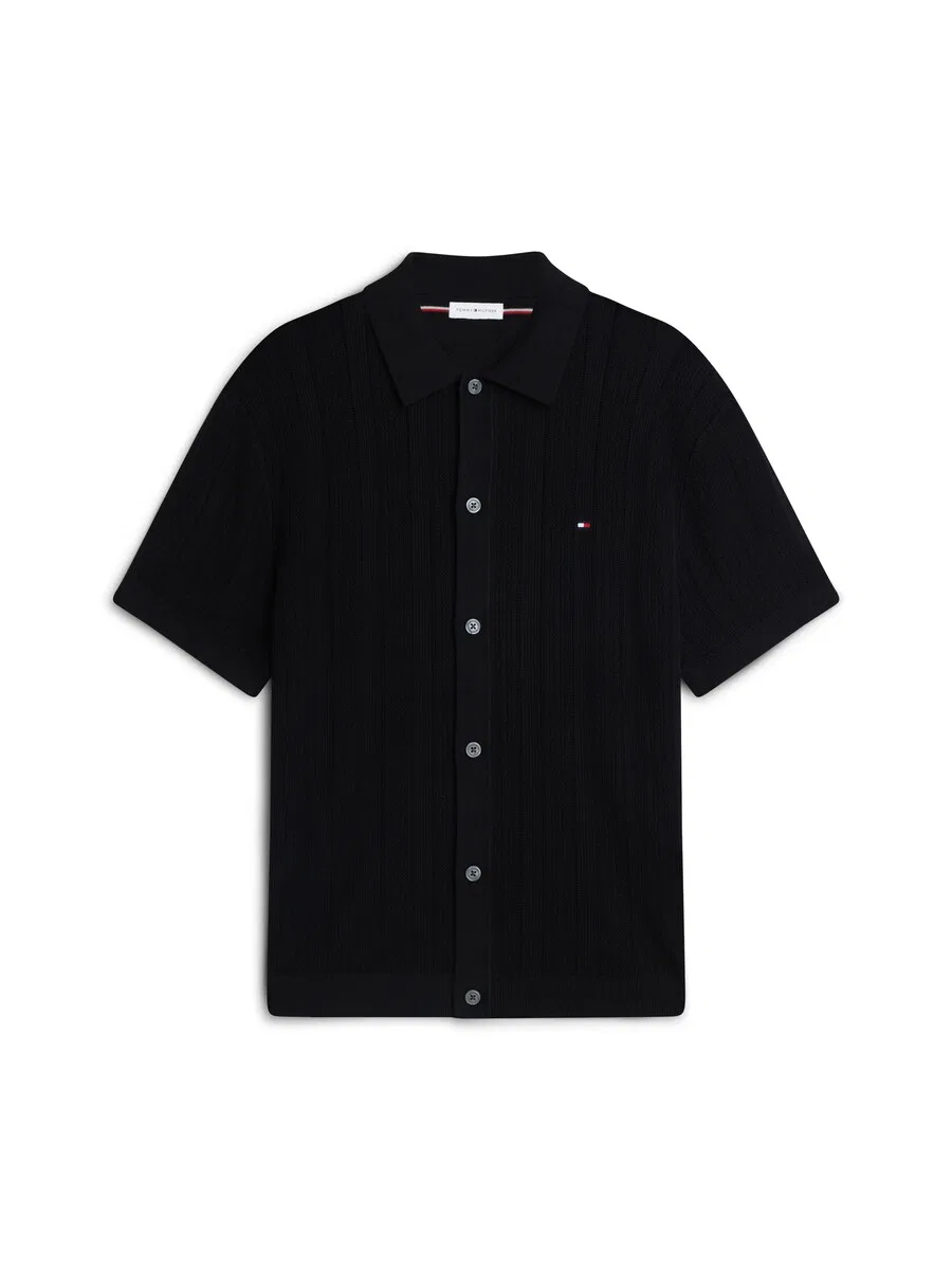 Вязаный кардиган TOMMY HILFIGER 'Relaxed Pointelle Short Sleeve With' черного цвета
