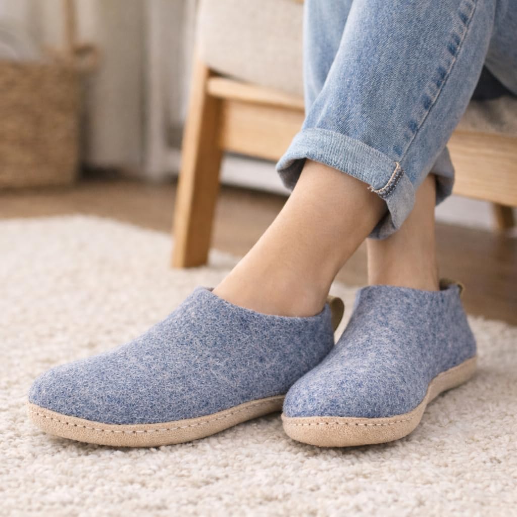 Тапочки Woolly из войлока с кожаной подошвой, Премиальная новозеландская шерсть, Ручная работа по итальянскому дизайну, Мягкие, дышащие и без запаха Woolly'S, Denim — фото 2