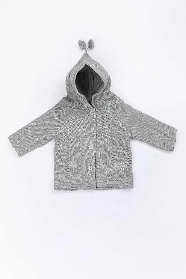 Детский кардиган с капюшоном Newborn hooded knitwear unisex pompom baby cardigan 0/6 months Yerli Baby, Gray — фото 2