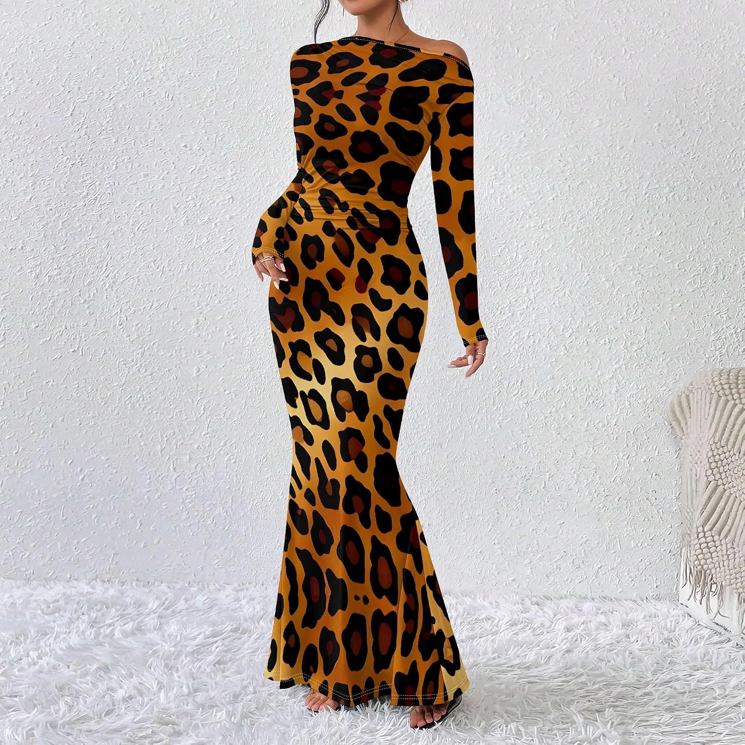 Женское платье с одним рукавом с длинным рукавом, модель One Shoulder Long Sleeve, коричневый/жёлтый — фото 3