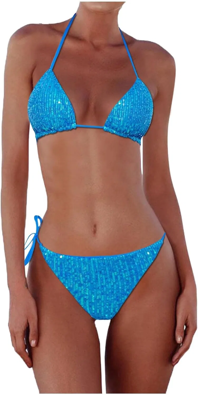 Женский бикини-сет с блестящей ребристой тканью, Push Up треугольник, Halter, Blue