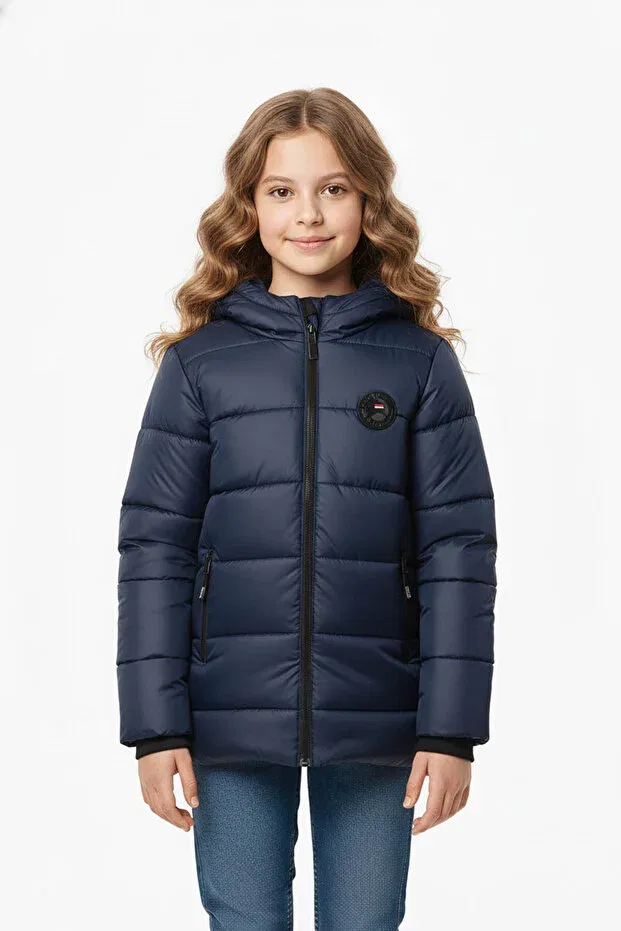 Детское зимнее пуховое пальто для девочек с капюшоном Qawwa, Navy Blue