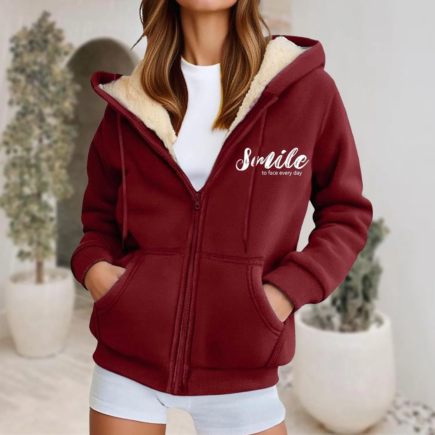 Женский худи с принтом Fleece Warm Long Sleeves, A-brick Red — фото 2