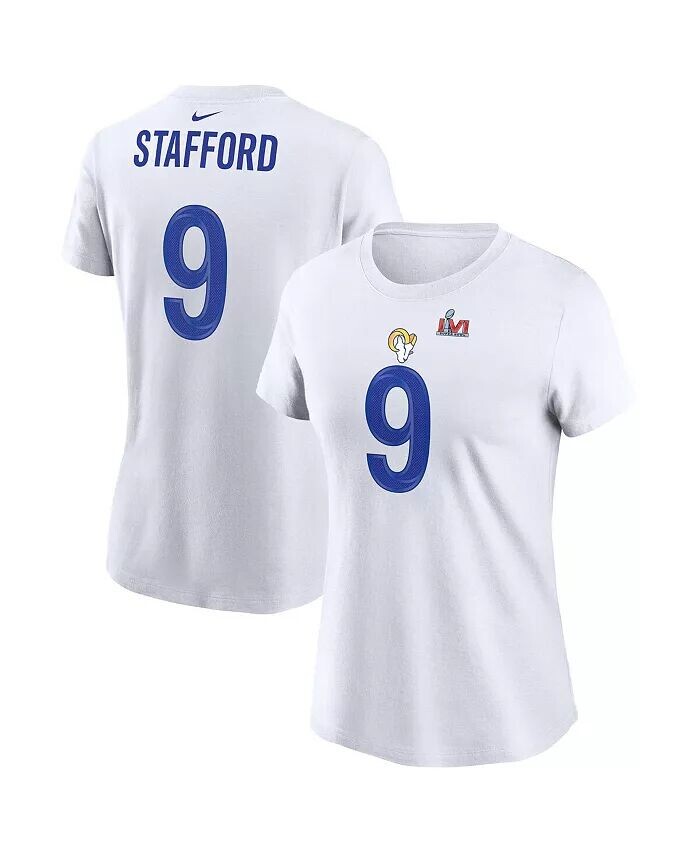 

Женская белая футболка с именем и номером Matthew Stafford Los Angeles Rams Super Bowl LVI Nike