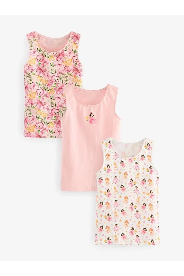 Детское боди для девочек с принтом Cotton pink fairy patterned thick strap undershirt set of 3 Next Baby, Multicolor