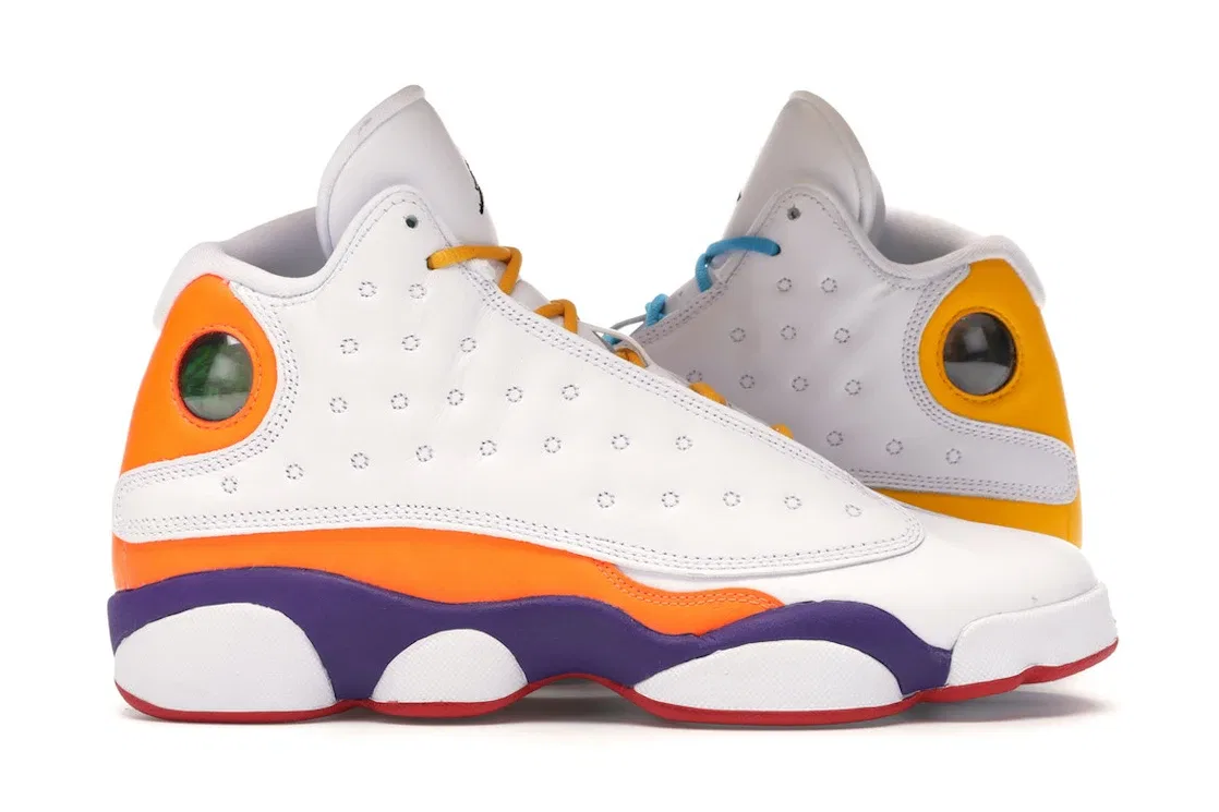 Детские кроссовки Lifestyle с принтом Jordan 13 Retro Playground Jordan, White/Black-Court Purple-Total Orange-Pine Green