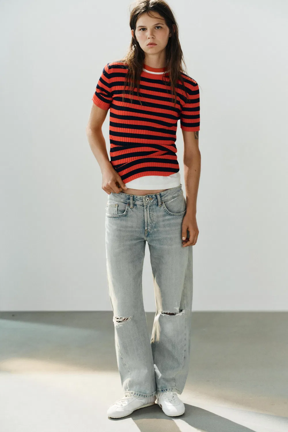 Вязаный топ в полоску с ребристой отделкой ZARA, red/navy