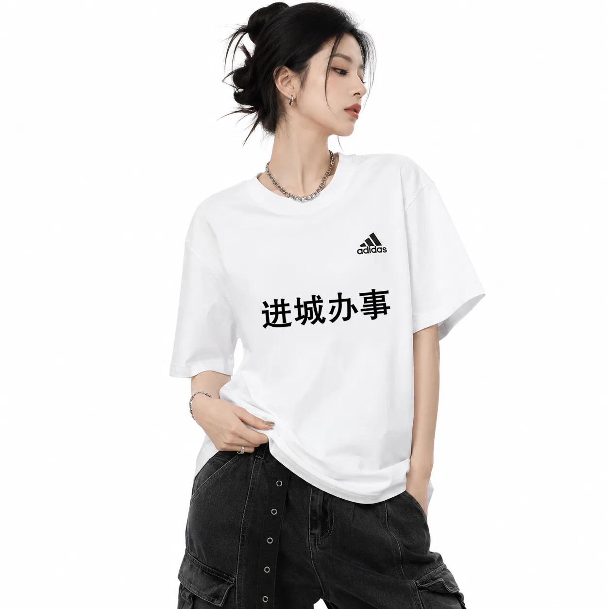 Футболка хлопковая с принтом Adidas, Ecru — фото 4