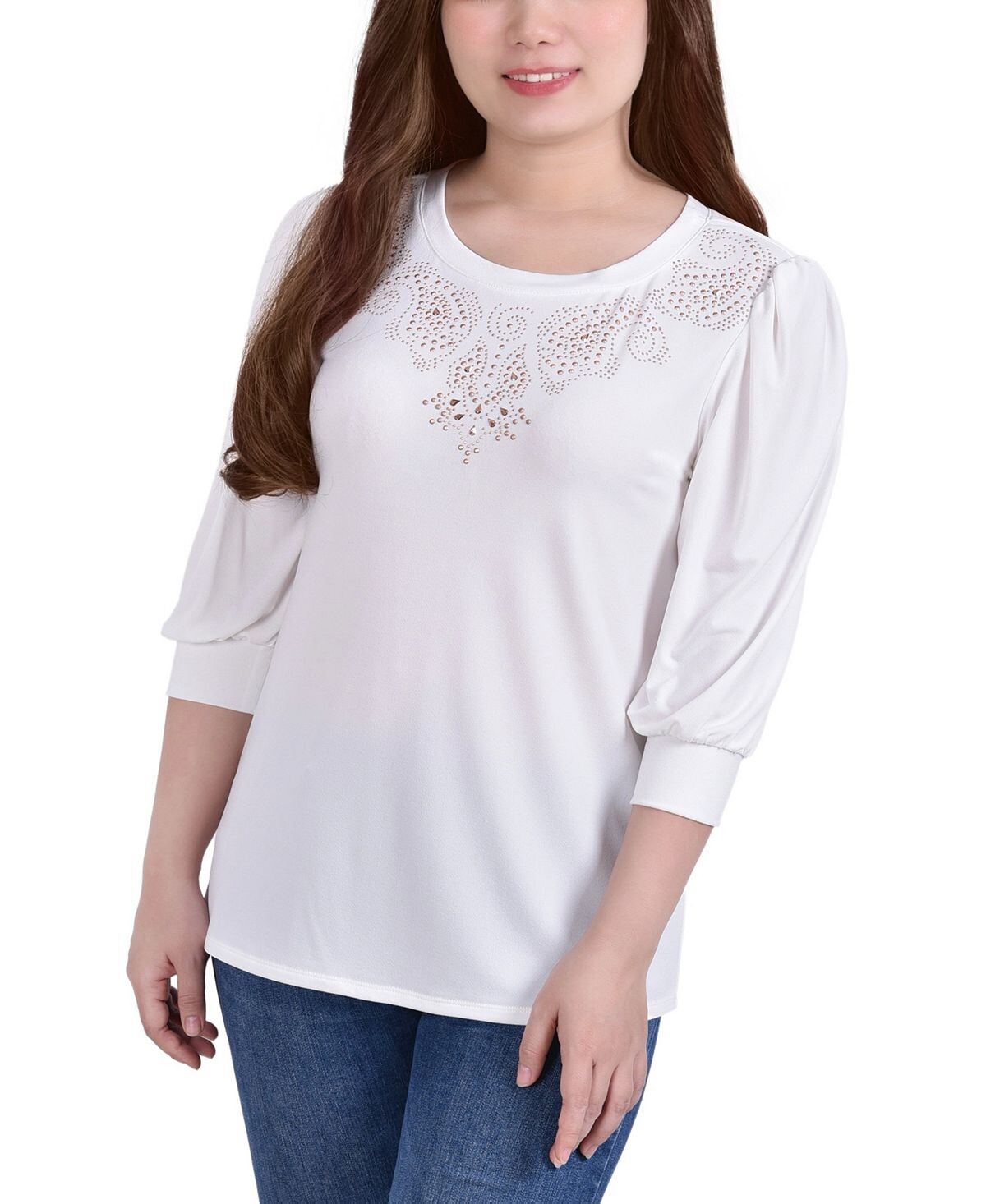

Топ из крепа с заклепками спереди и рукавами до локтя petite NY Collection, мульти