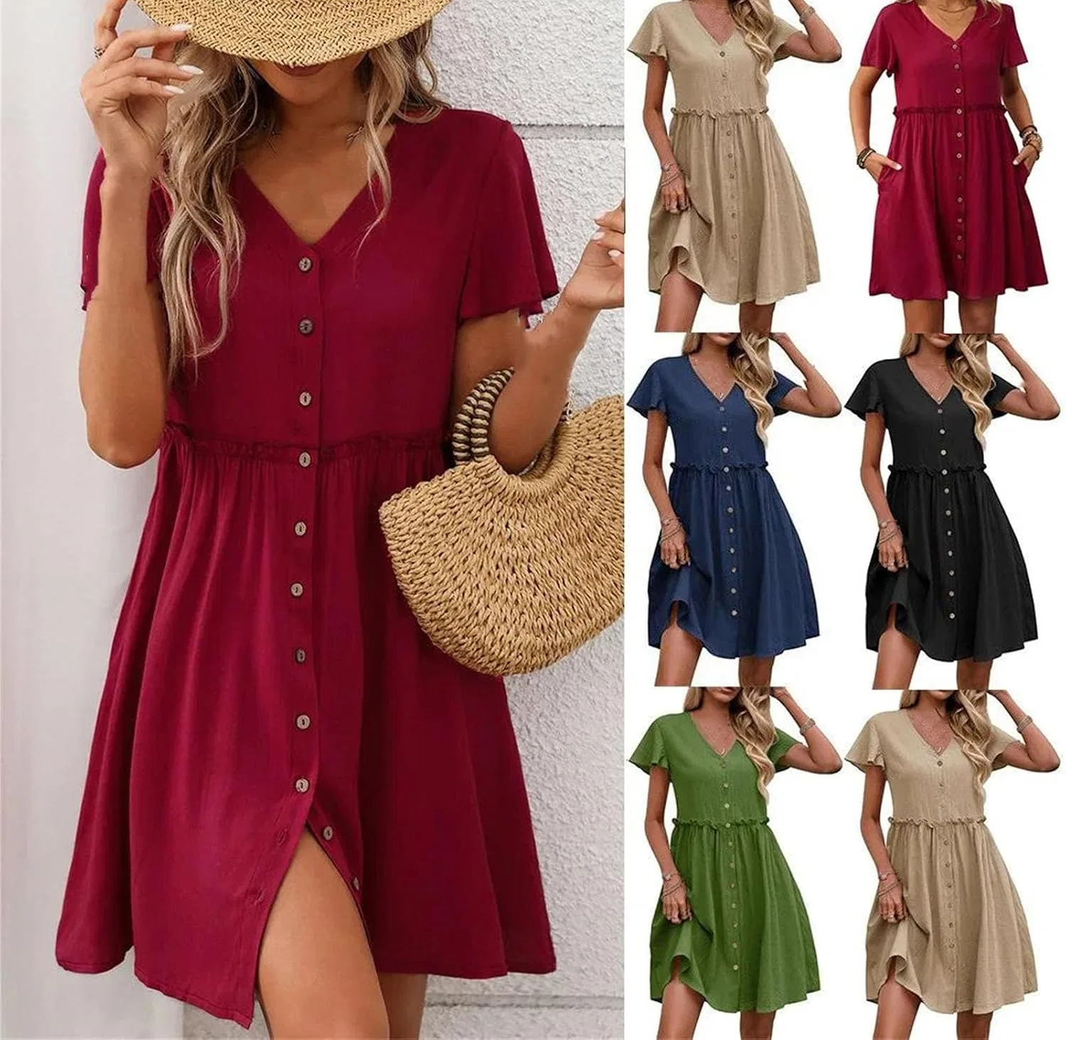 Женское короткое платье с V-образным вырезом A-силуэта, Navy Blue — фото 2