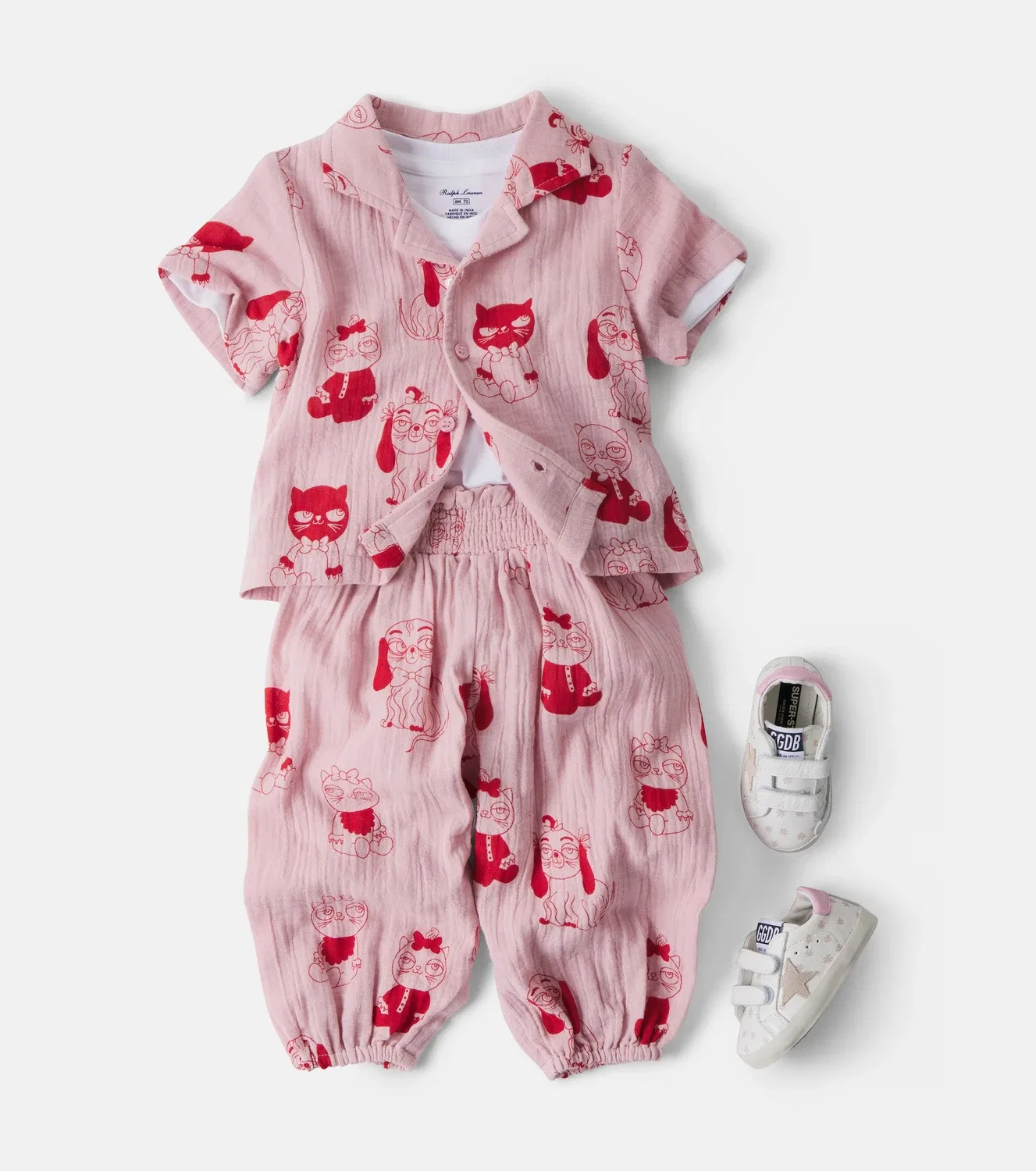 Комплект из рубашки и брюк с пуговицами спереди Baby Mini Babies Mini Rodini, розовый — фото 2
