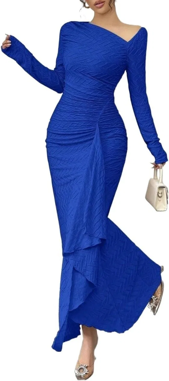 Женское элегантное макси-платье с асимметричным воротом, Royal Blue