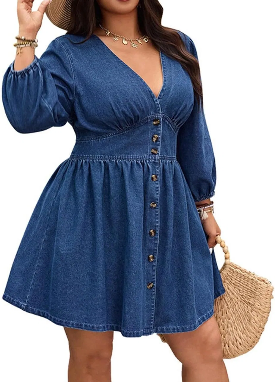 Женское джинсовое платье с V-образным вырезом A-line, Blue — фото 3