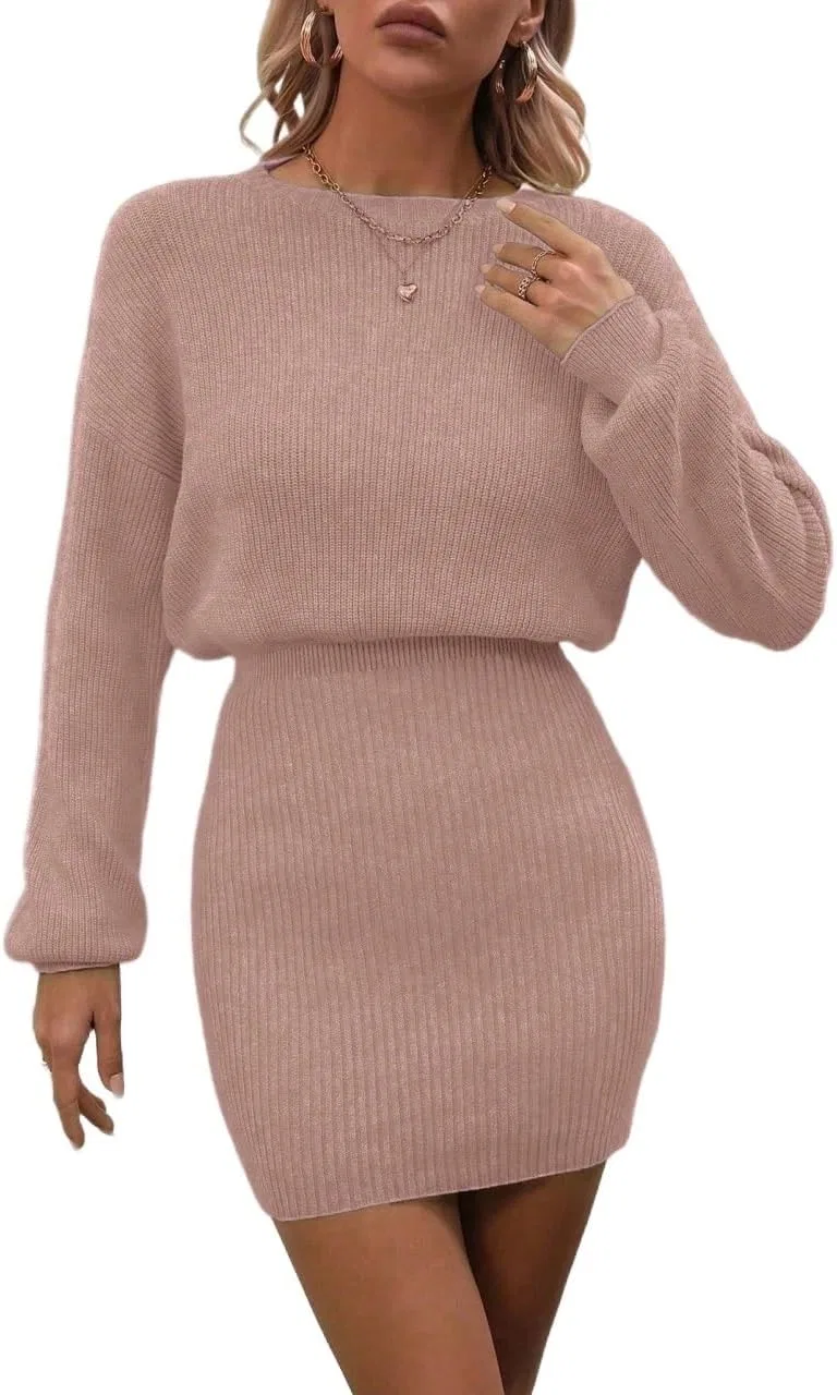 Женское мини-платье с длинным рукавом Solid Color Casual Dress, Dusty Pink