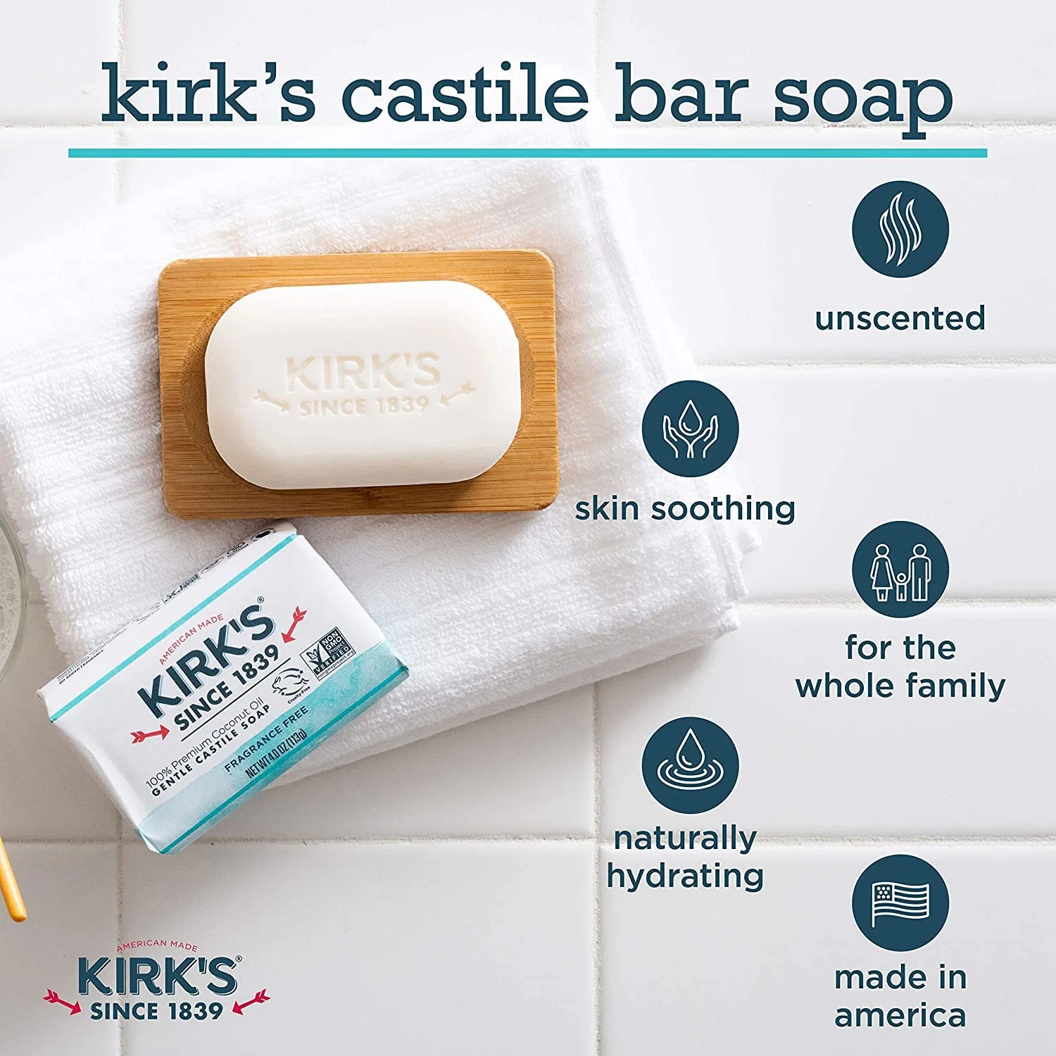 Мыло Kirk's Coco Castile Bar Soap Fragrance Free, 4 унции, 12 шт — фото 2