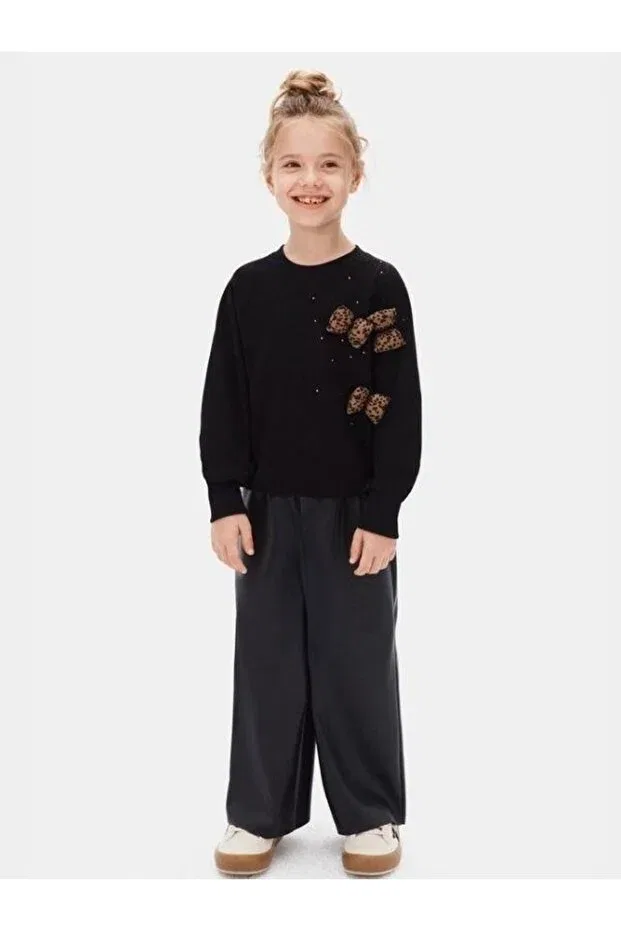 Детские свитшот для девочек с принтом Girl'S Leopard Bow Detailed Zekids, Black — фото 2