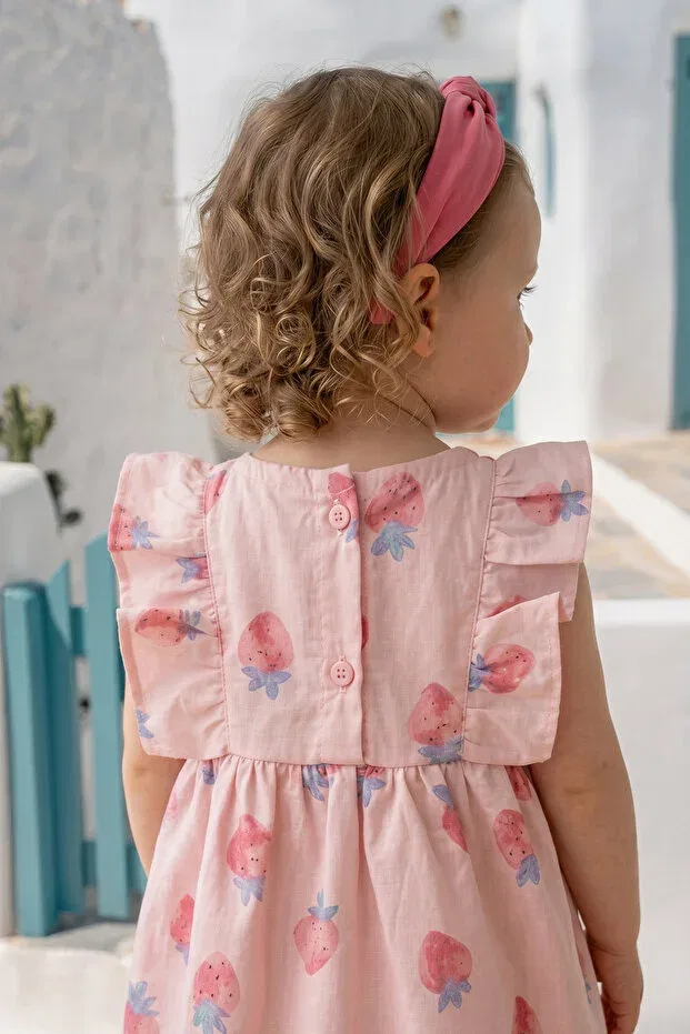 Детское платье для девочек с принтом Baby Girl Dress Summer Strawberry Patterned Bow Detailed Bandana Minipodyum, Light Pink — фото 3