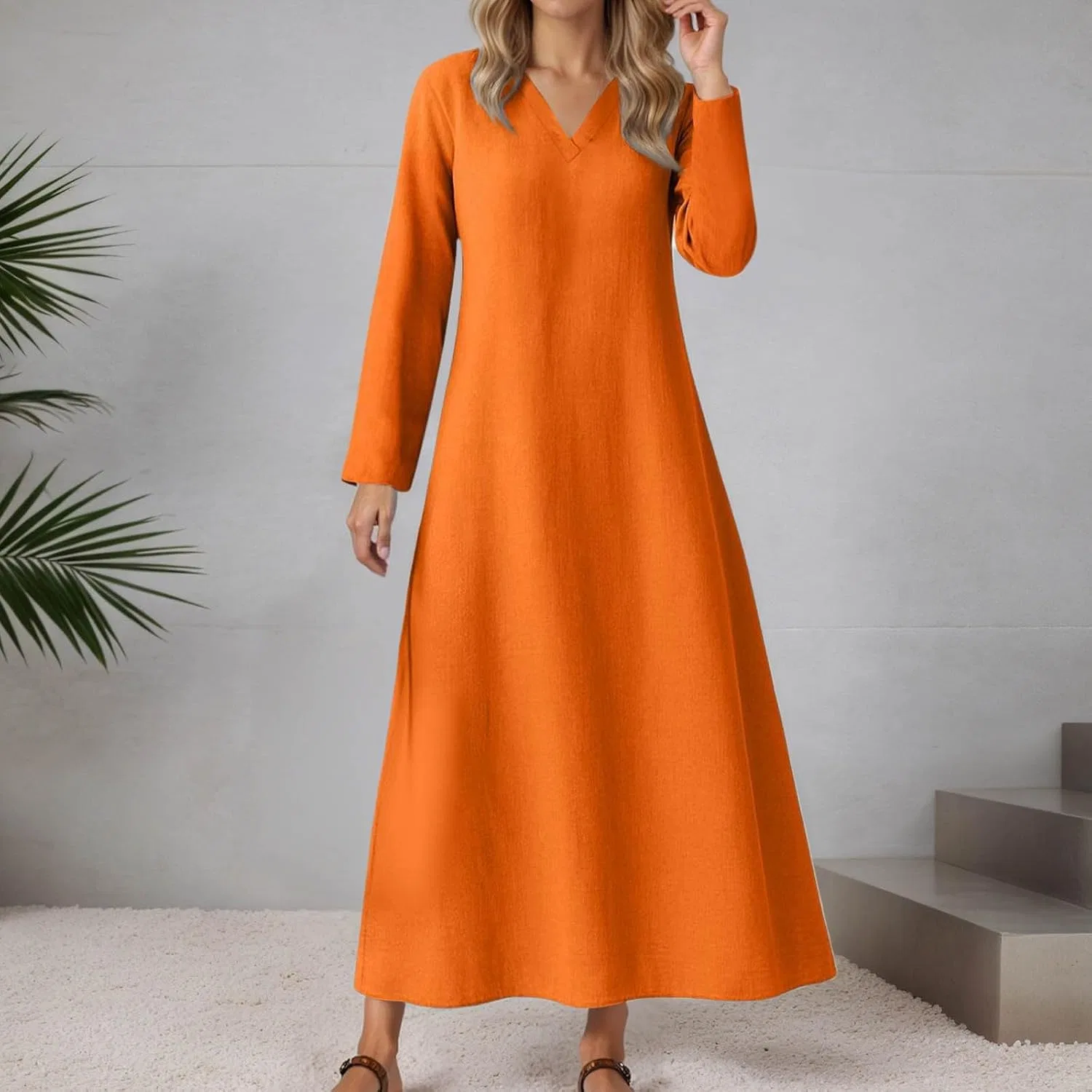 Женское богемное макси-платье с V-образным вырезом, Orange — фото 2