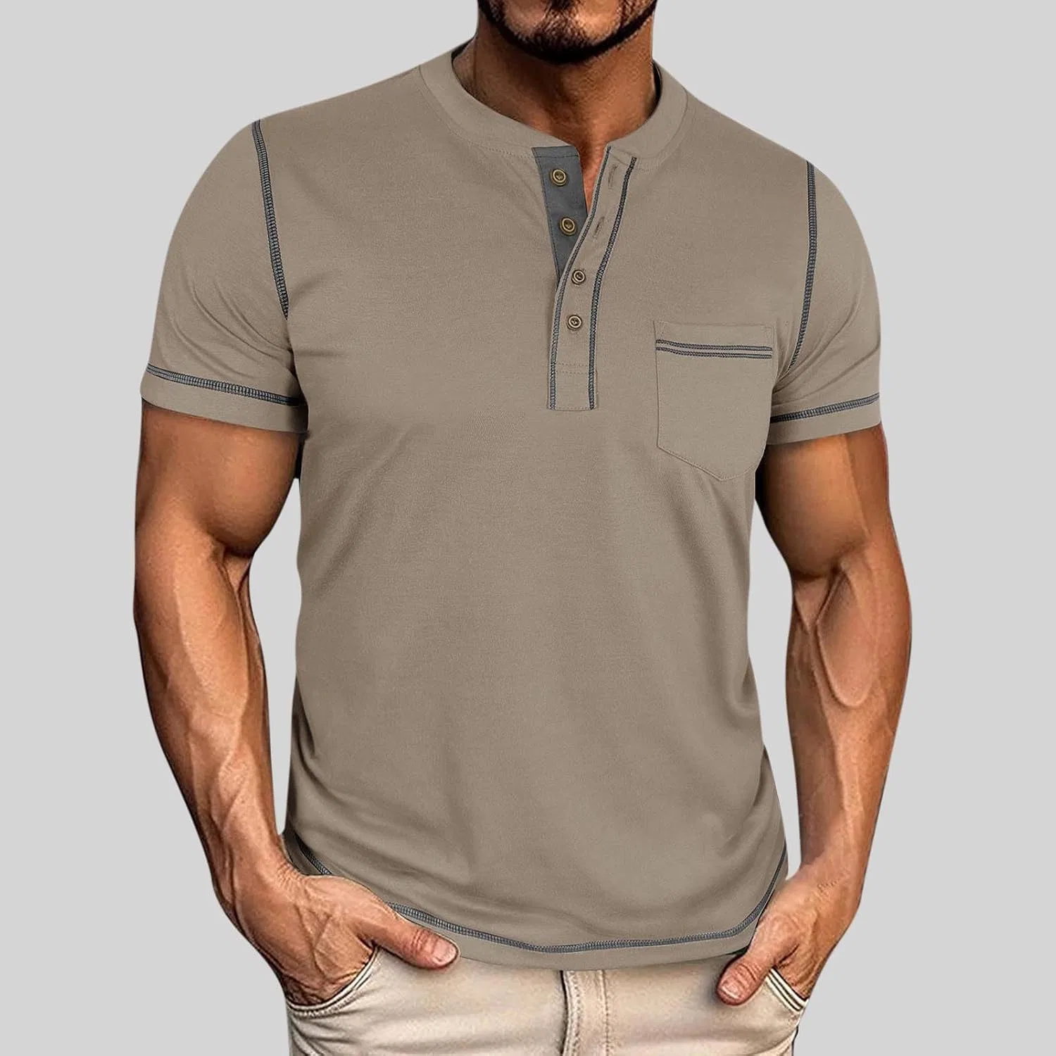 Мужская футболка хенли спортивная Short Sleeve, Khaki — фото 2