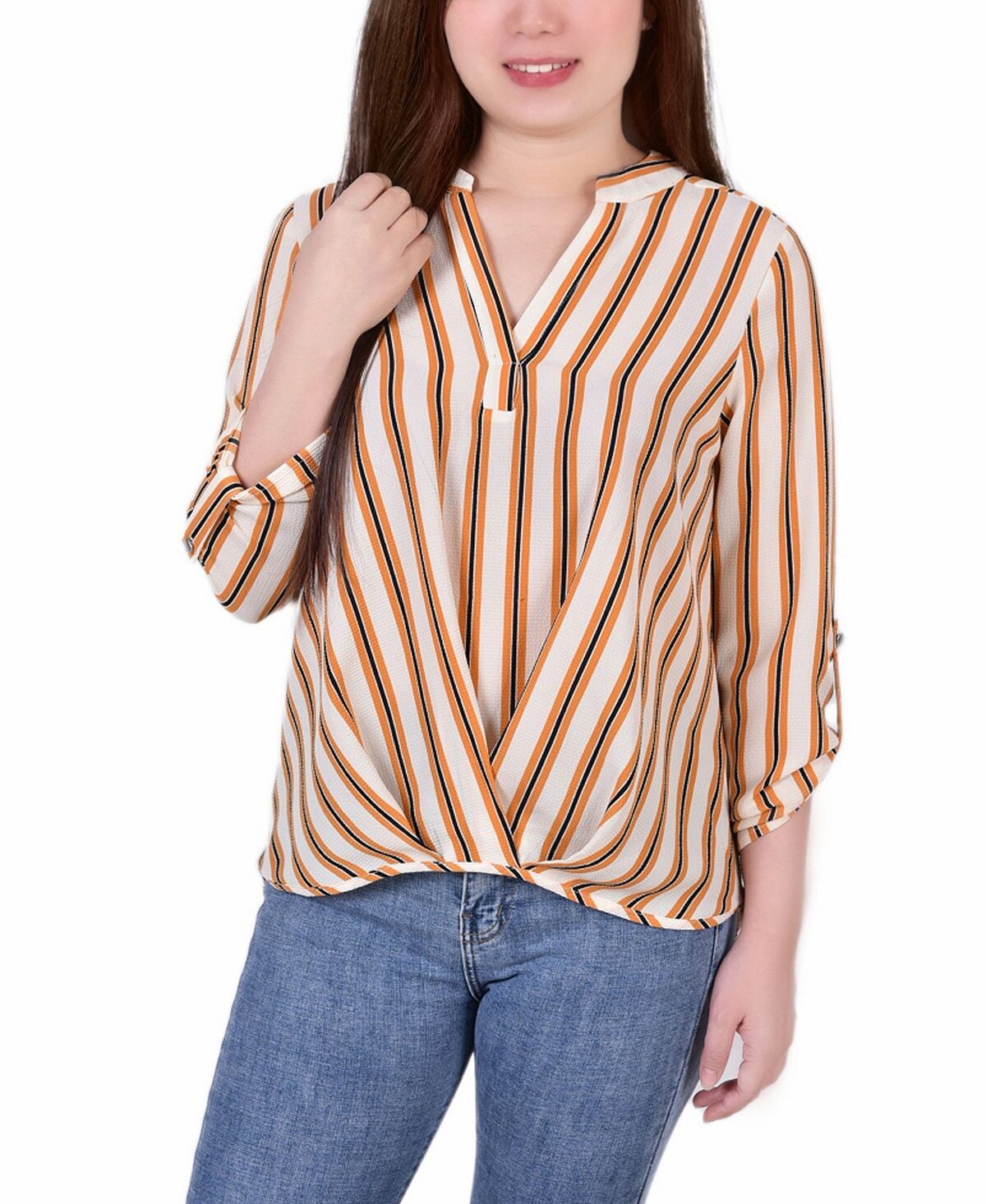 

Блузка petite size 3/4 с пуговицами и воротником-стойкой со складками спереди NY Collection, мульти