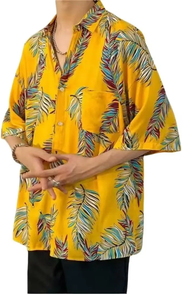 Мужская гавайская рубашка с коротким рукавом, с принтом, Floral Print Yellow — фото 2
