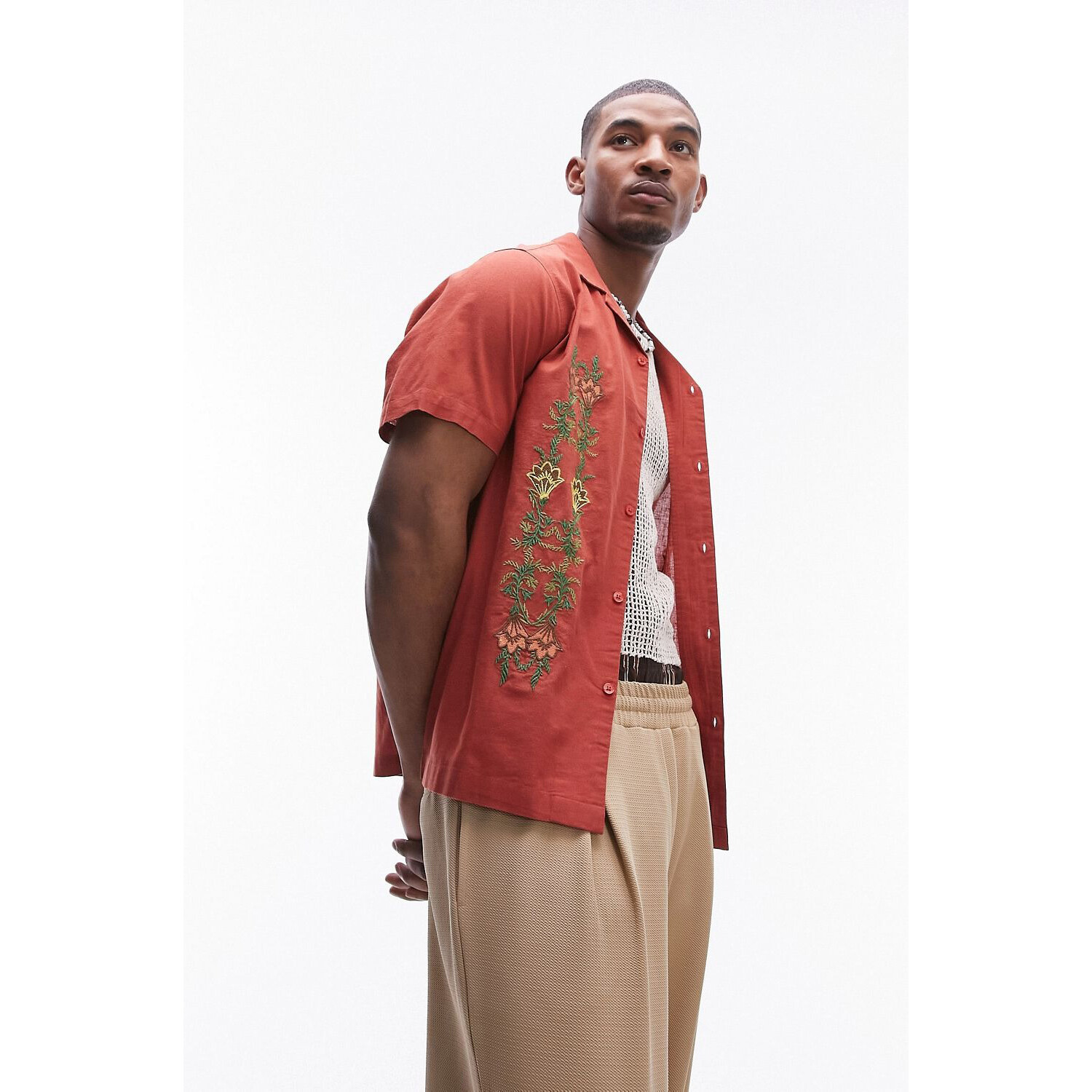 

Рубашка Topman Short Sleeve Relaxed Embroidered Floral, красный