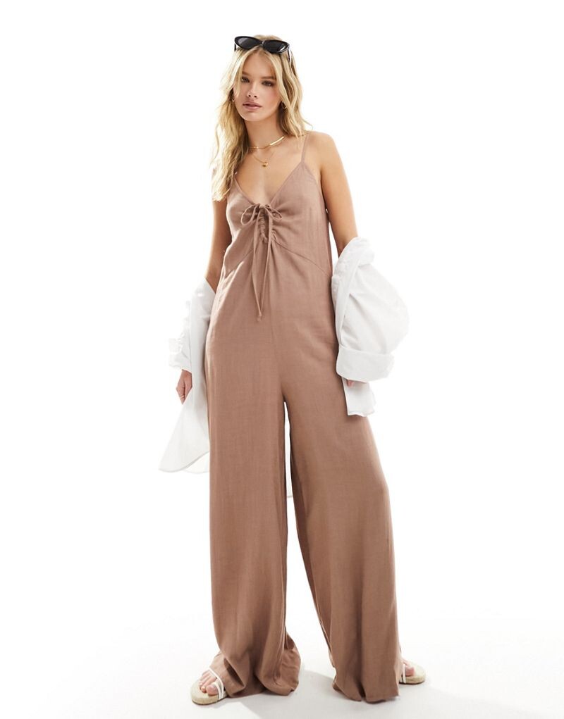 

ASOS DESIGN – коричневый комбинезон с бретелями и завязками спереди