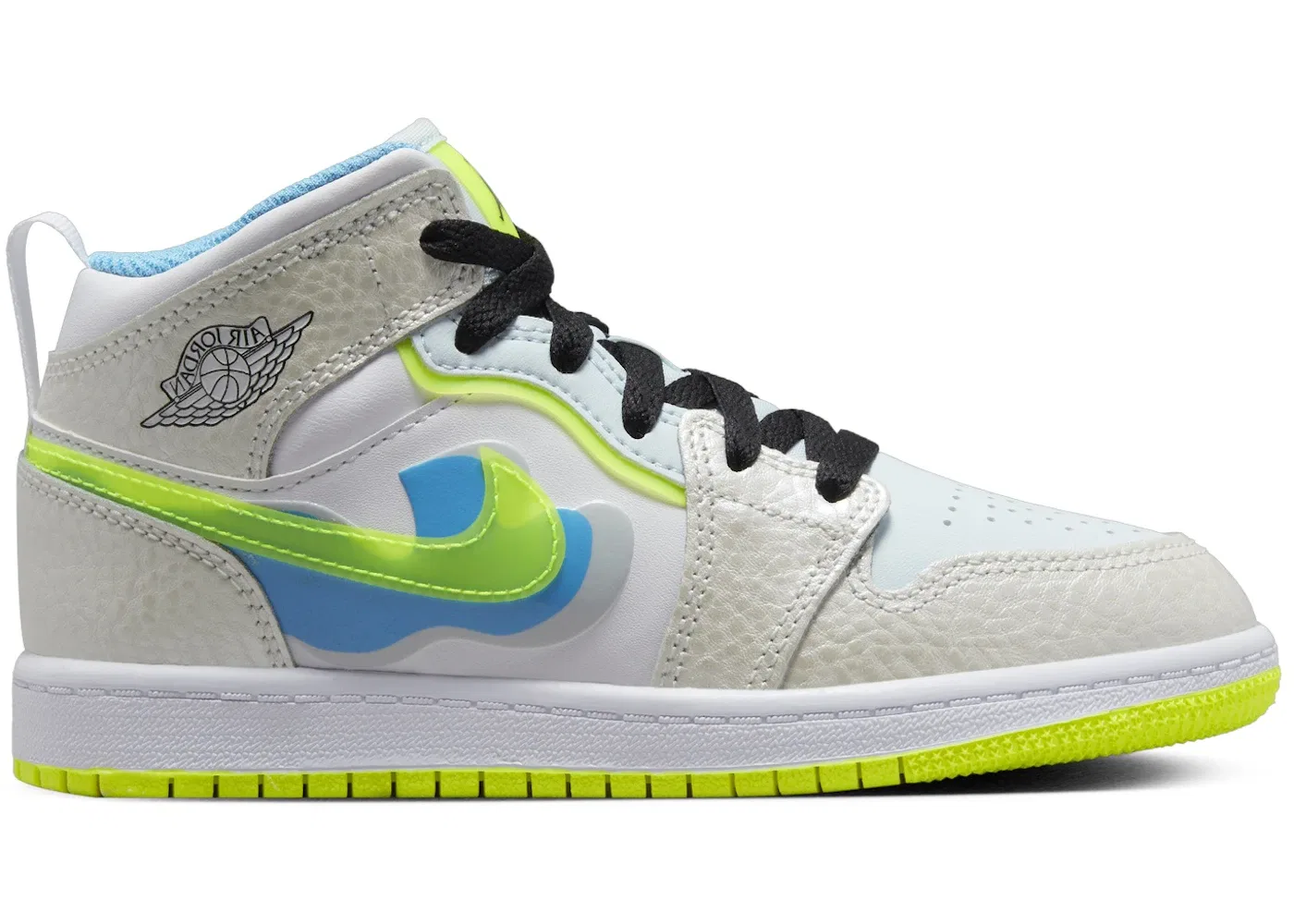 Детские кроссовки с принтом Jordan 1 Mid SE Jordan, Platinum Tint/Blue Tint/University Blue/Volt