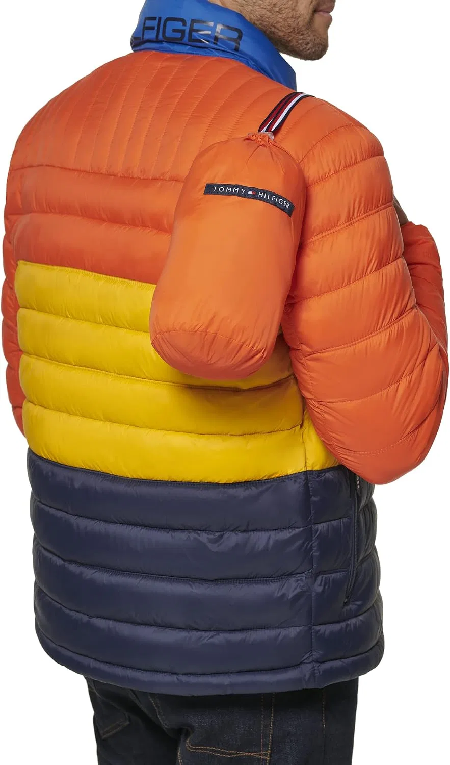 Мужская куртка-пуховик с эмблемой Tommy Hilfiger, Orange Yellow Midnight Colorblock — фото 4