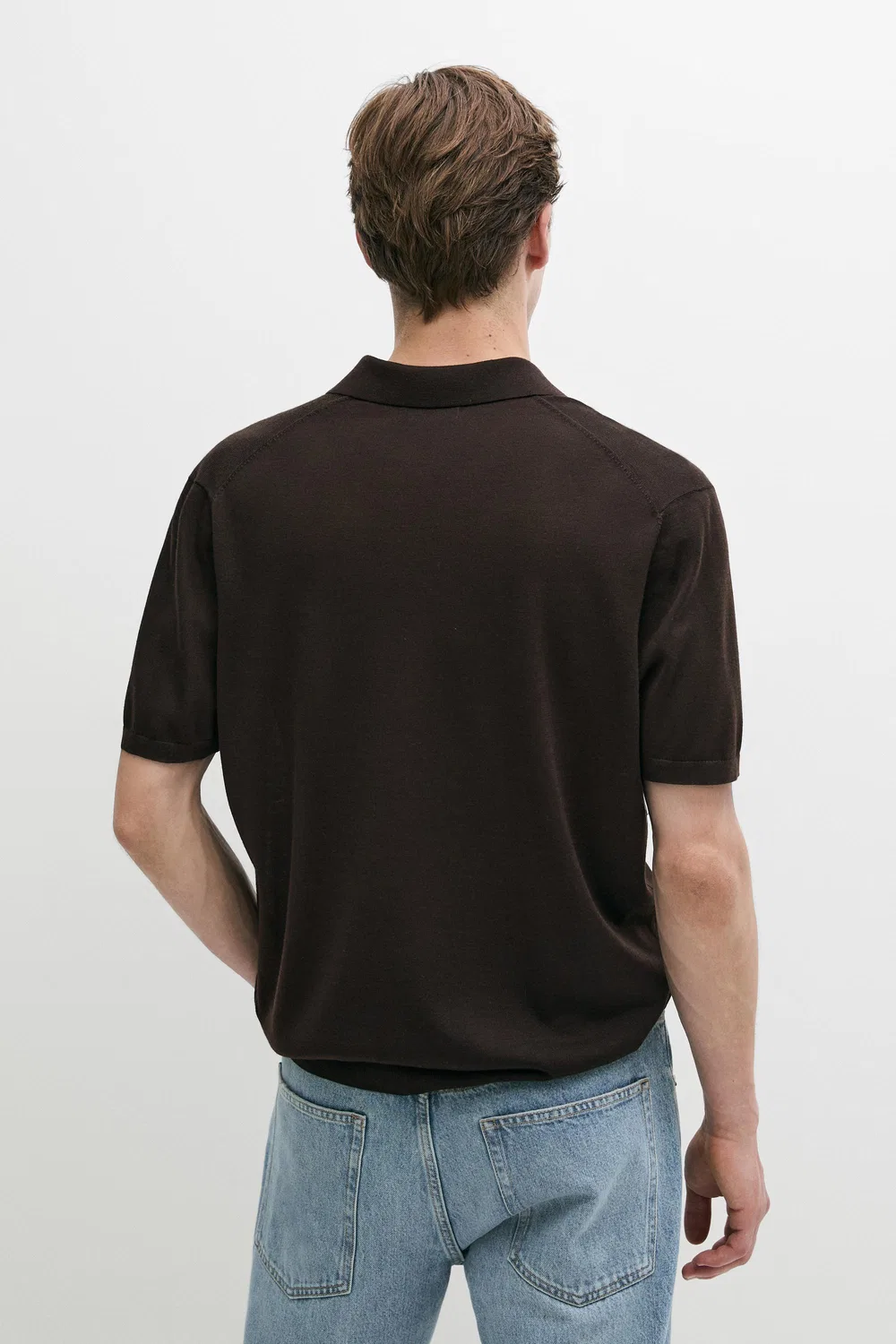 Поло рубашка Massimo Dutti, из шерстяной смеси, с коротким рукавом, коричневый — фото 3