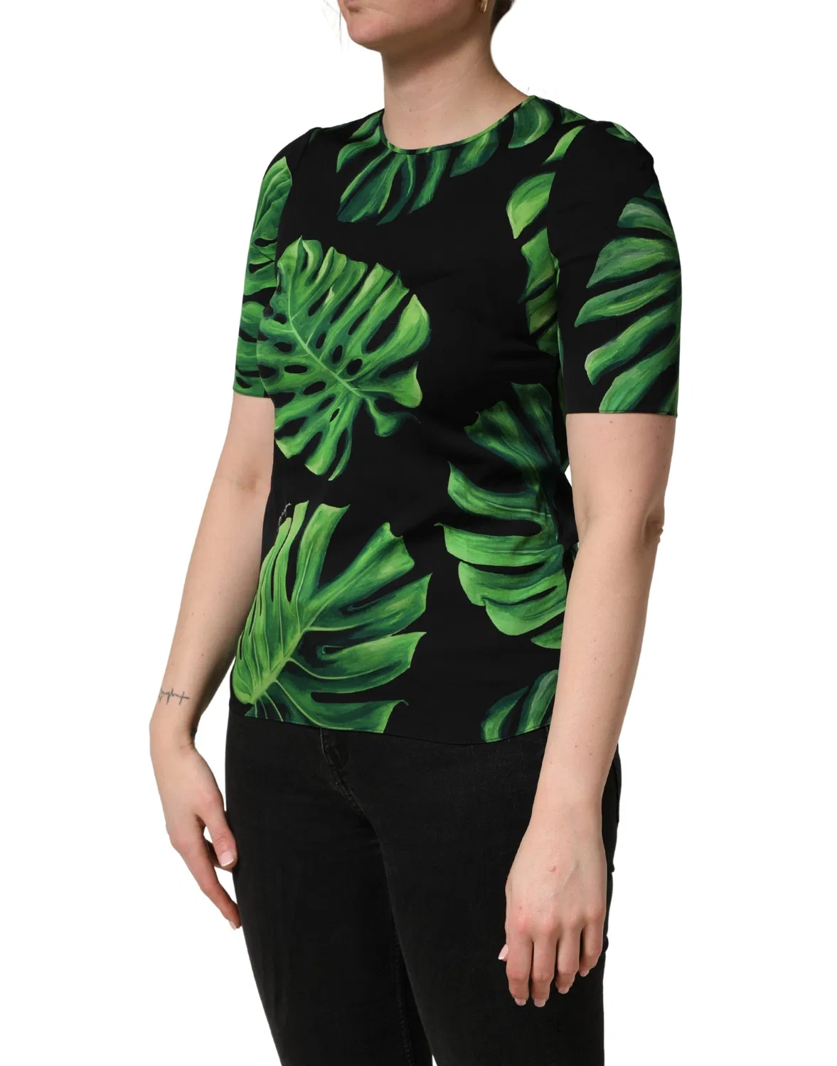 Женская блузка с коротким рукавом с принтом Philodendron Print Dolce & Gabbana, Black and Green — фото 3