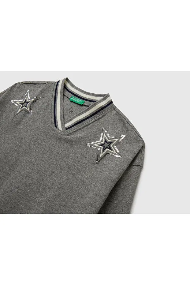 Детский лонгслив для девочек с вышивкой пайетками United Colors Of Benetton, Gray — фото 3