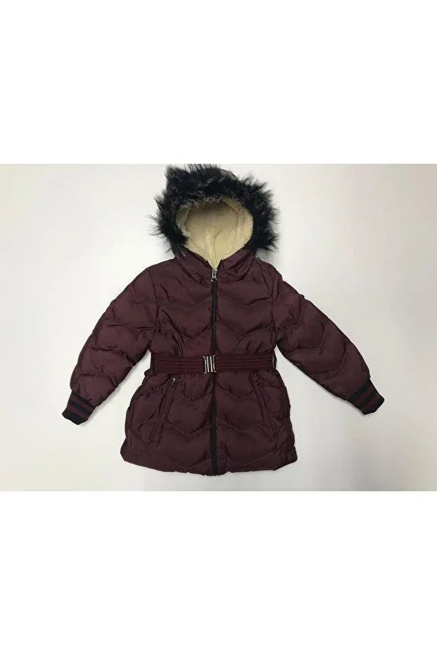 Детское зимнее пальто для девочек с капюшоном и поясом Winter zipper hooded with belt at the waist Baby Slon Kids Clup, Burgundy