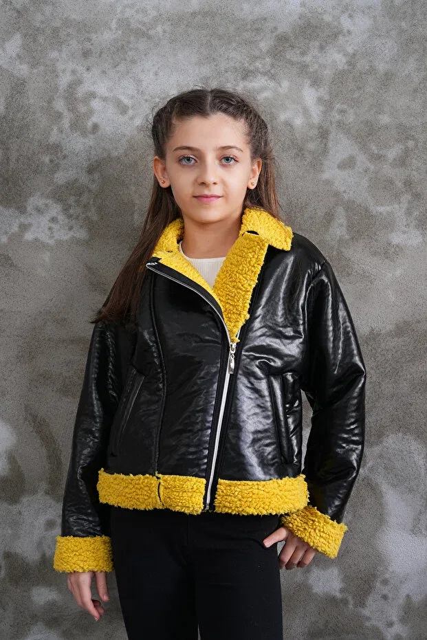 Детское пальто для девочек с искусственным мехом Wiens Kids, Yellow — фото 4