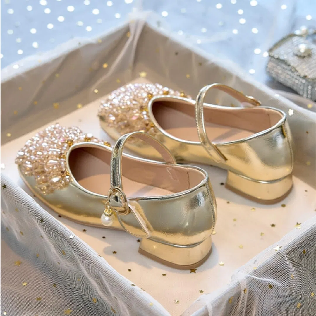 Детские туфли для девочек с блестящей бахромой и жемчугом Princess Auhoho, Gold — фото 3