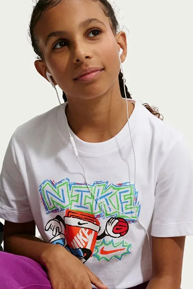 Детская футболка для девочек с принтом Sportswear Kids Tee Box Hoops Kids Tee Graphic Printed Children's T-Shirt Nike, White — фото 2