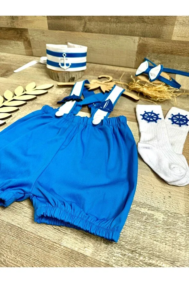 Детский комбинезон для мальчиков с принтом Sailor Concept Handmade Custom-Made Baby Boy Bow Tie Salopet Bow Tie Socks Crown Set Feriatolye, Blue — фото 4