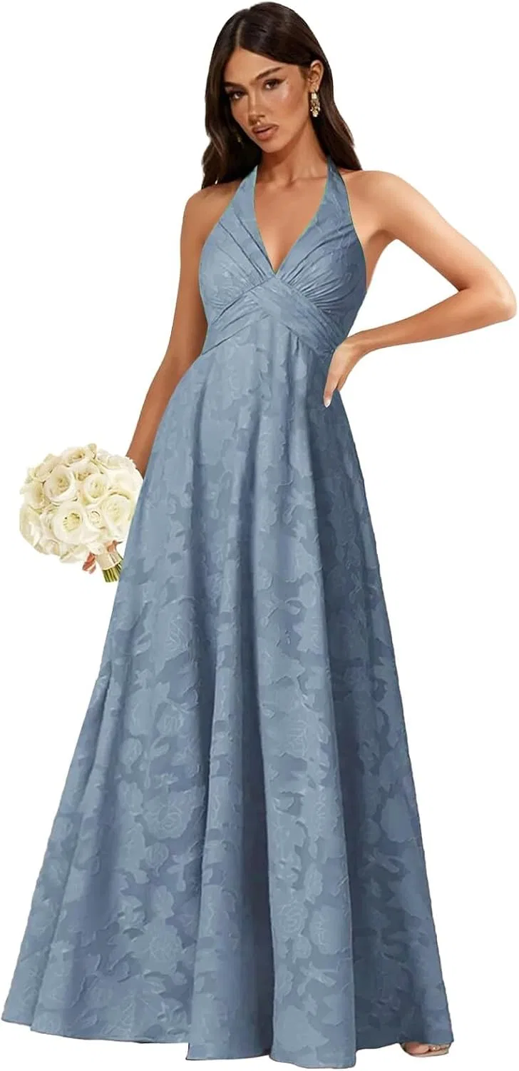 Женское вечернее платье A-силуэта с цветочным кружевом Halter, Dusty Blue