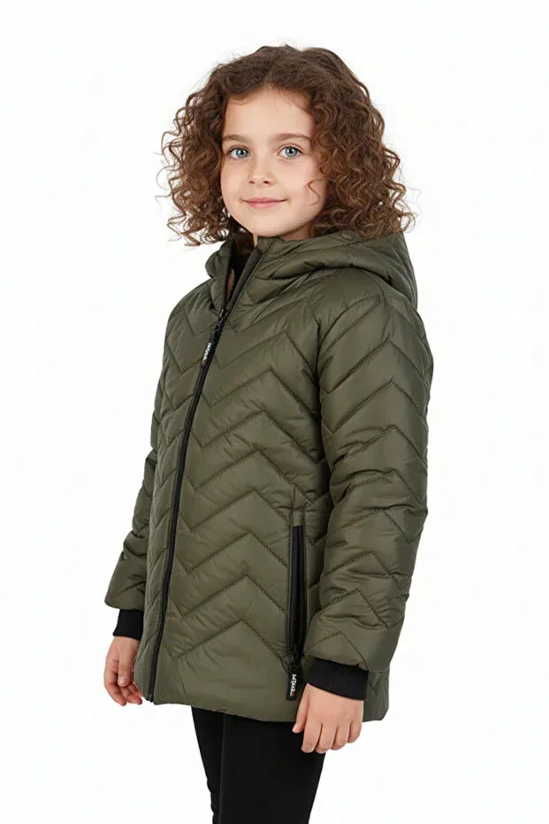 Детское пальто для девочек с капюшоном Zigzag Patterned Merdia, Khaki