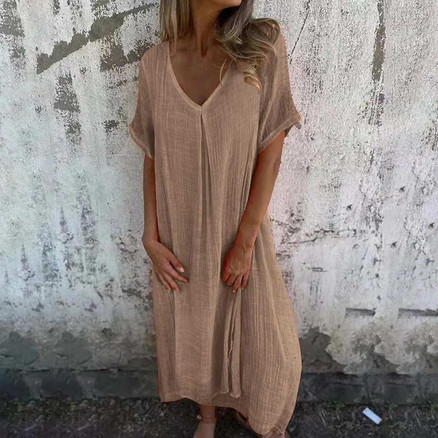 Женское платье оверсайз из льна с V-образным вырезом, Khaki — фото 3