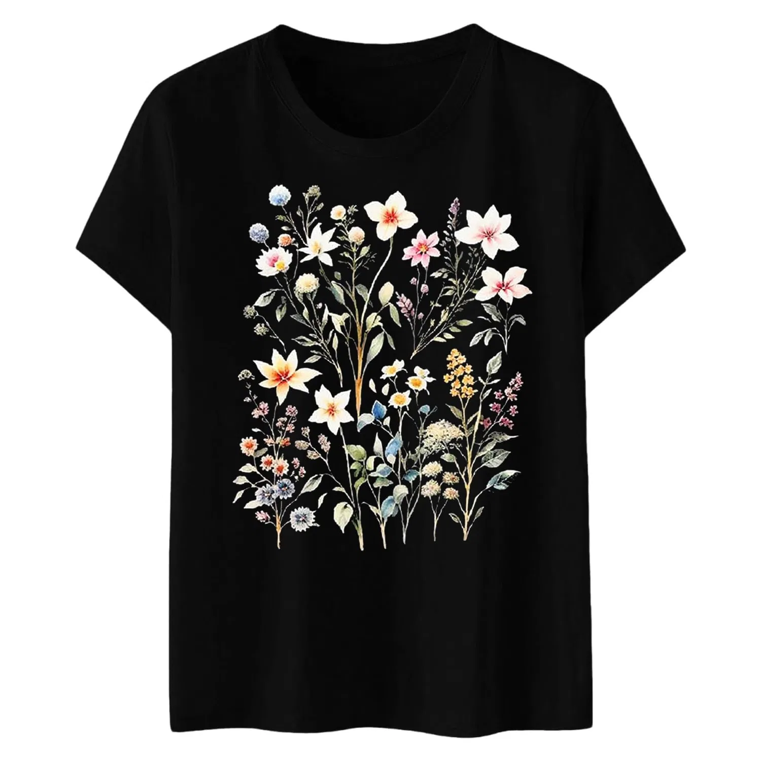 Женская футболка с принтом Girls Graphic Satin Blouses Loose Tops Plus Size Summer Sunflower Women's Basic Cotton Top, 2-black — фото 4