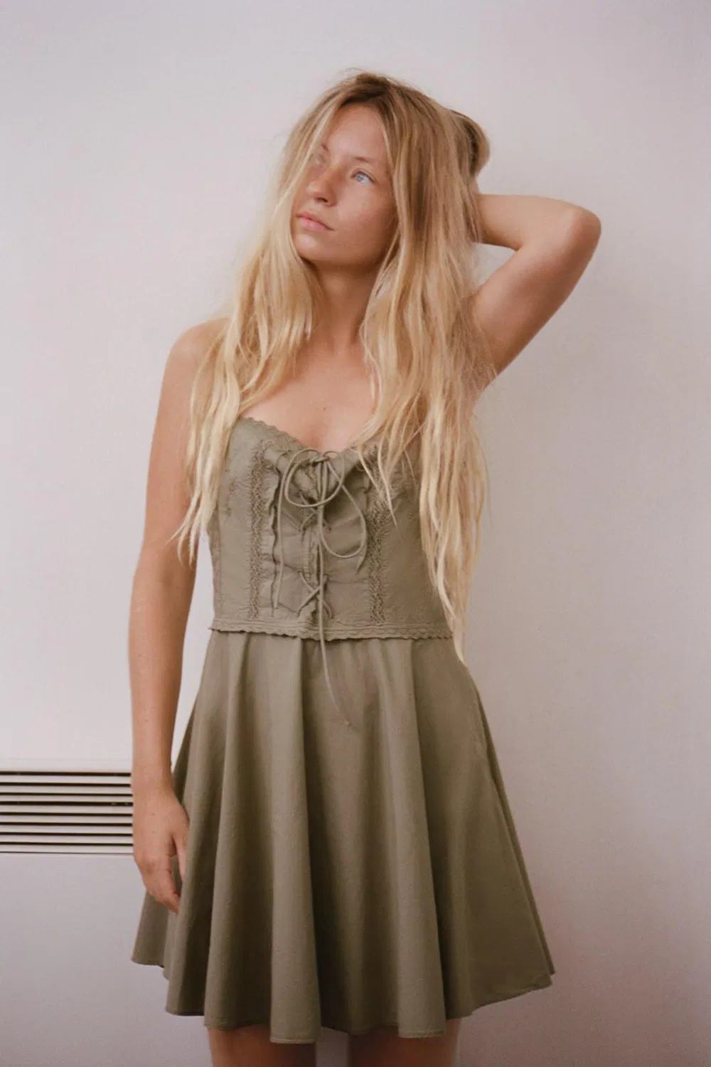 Мини-платье из поплина с вышивкой ZARA, Khaki