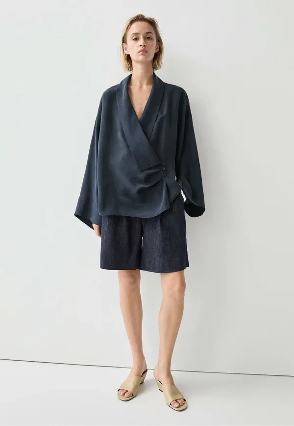 Блуза из купро, Plain, Blouse, Massimo Dutti, mottled dark blue, темно-синий — фото 2