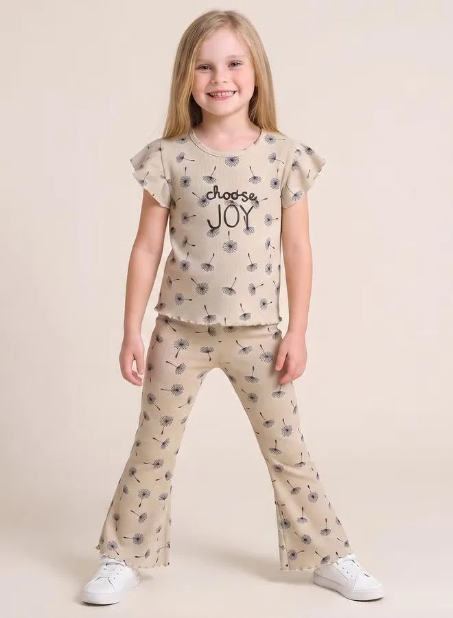 Комплект с оборками и расклешенными брюками Girls ribbed ruffle top and flare pants set Take Two, бежевый