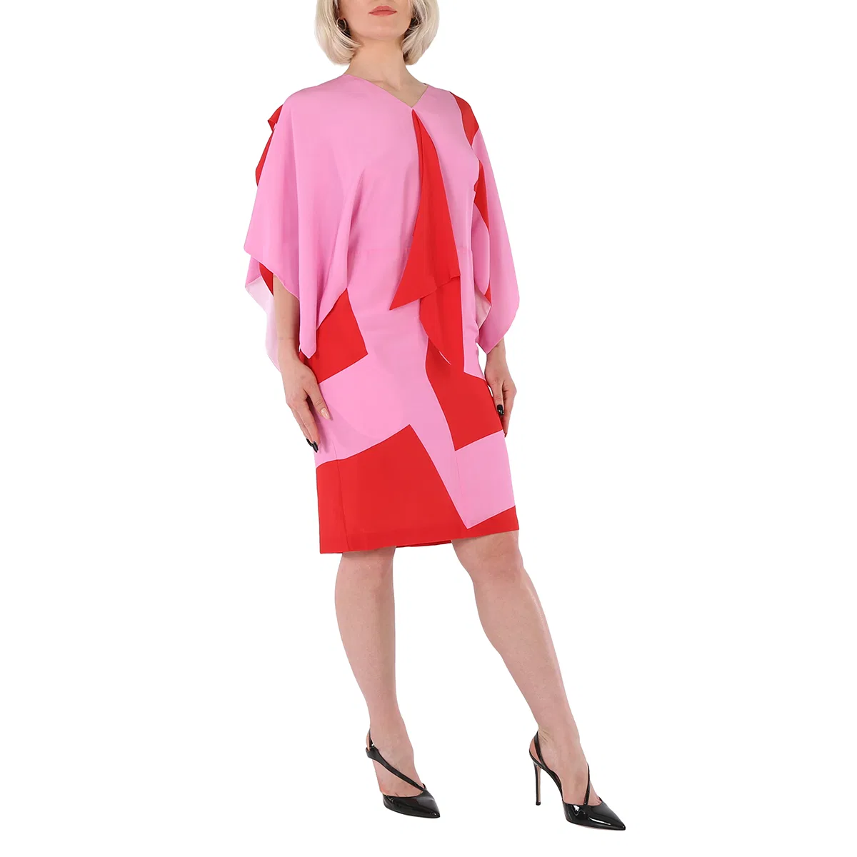 Платье вечернее с мысом, модель Ladies Primrose Pink Geometric Print Silk Crepe De Chine Cape Sleeve Dress Burberry, Primrose Pink Ip Ptt — фото 2